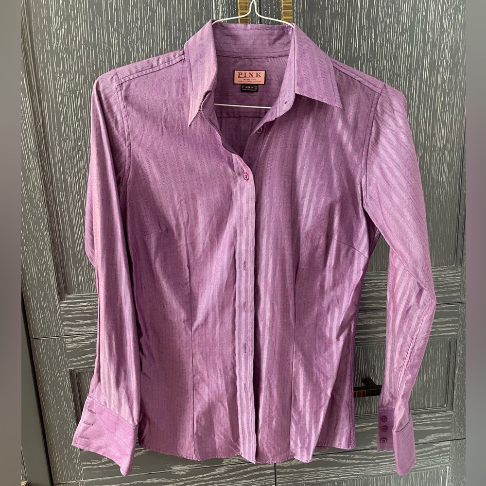 Classic Thomas Pink shirt with purple/lavender herringbone subtle pattern. Sz 4.